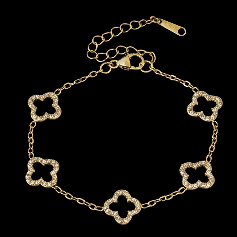 18K Gold Luxury Rhinestone Clover Bracelet - Picture 2 of 3